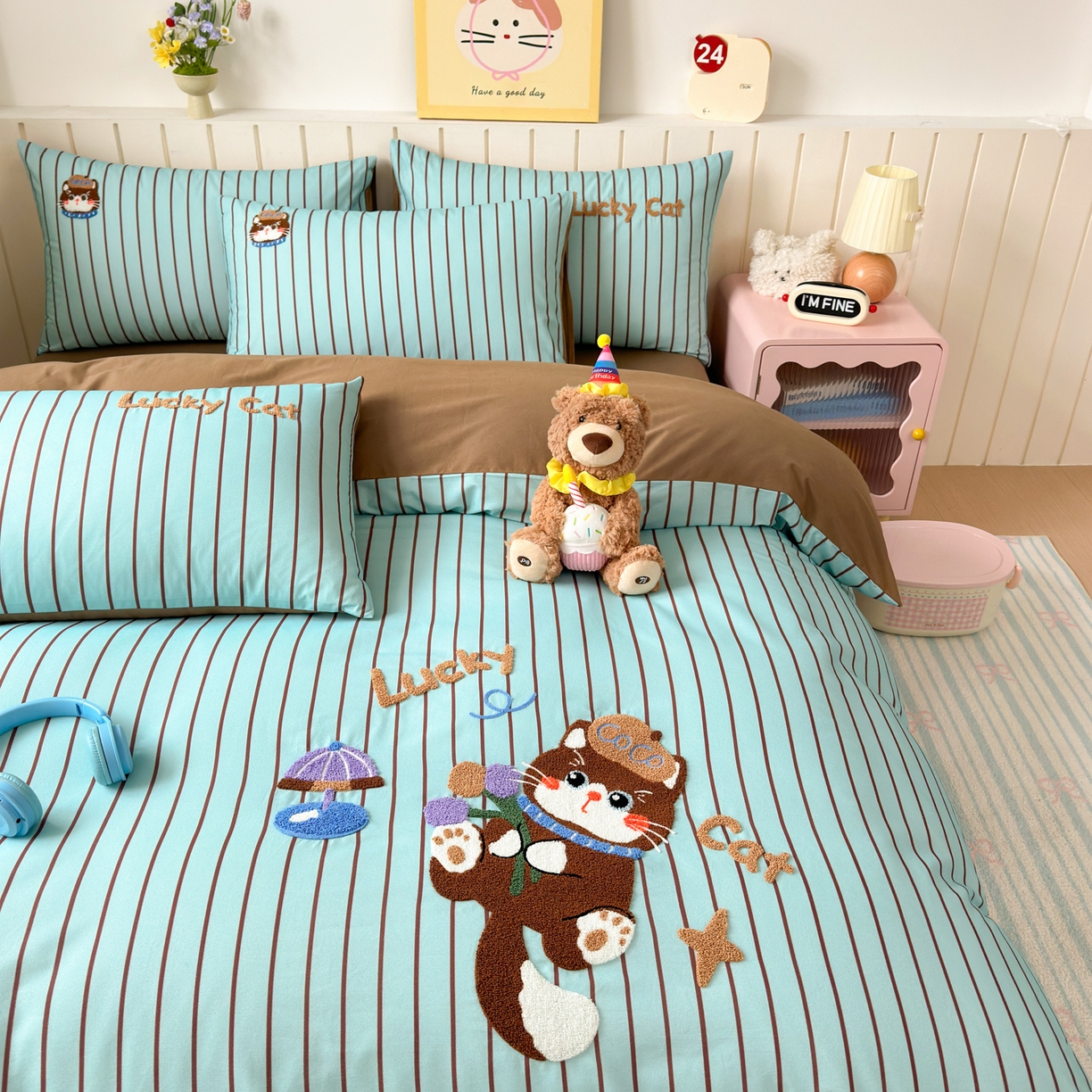 91家纺网 家纺一手货源 找家纺 如意朵 2026新款超柔高密全棉小清新绣花四件套（专版花型） 幸运喵喵