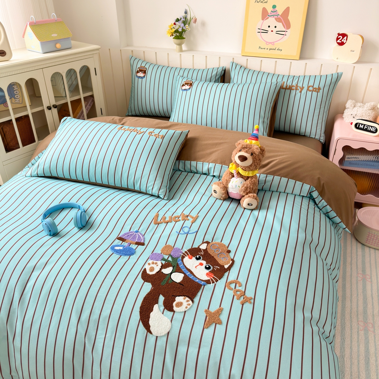 91家纺网 家纺一手货源 找家纺 如意朵 2026新款超柔高密全棉小清新绣花四件套（专版花型） 幸运喵喵