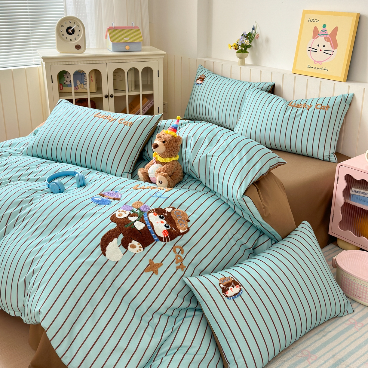 91家纺网 家纺一手货源 找家纺 如意朵 2026新款超柔高密全棉小清新绣花四件套（专版花型） 幸运喵喵