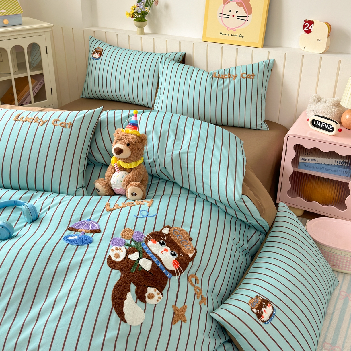 91家纺网 家纺一手货源 找家纺 如意朵 2026新款超柔高密全棉小清新绣花四件套（专版花型） 幸运喵喵