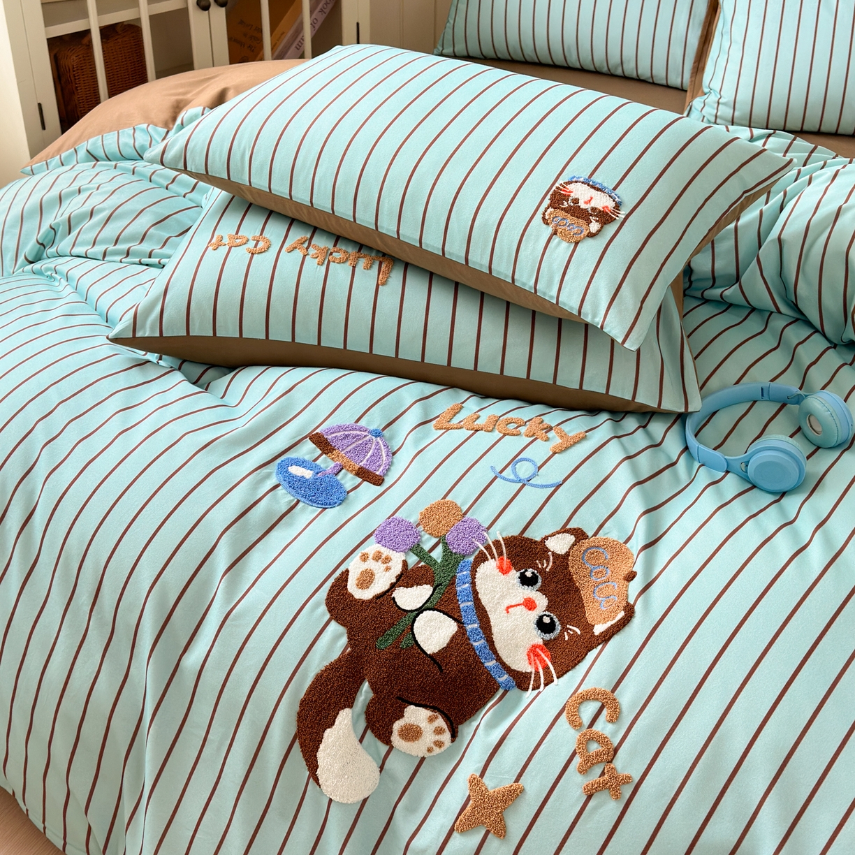 91家纺网 家纺一手货源 找家纺 如意朵 2026新款超柔高密全棉小清新绣花四件套（专版花型） 幸运喵喵