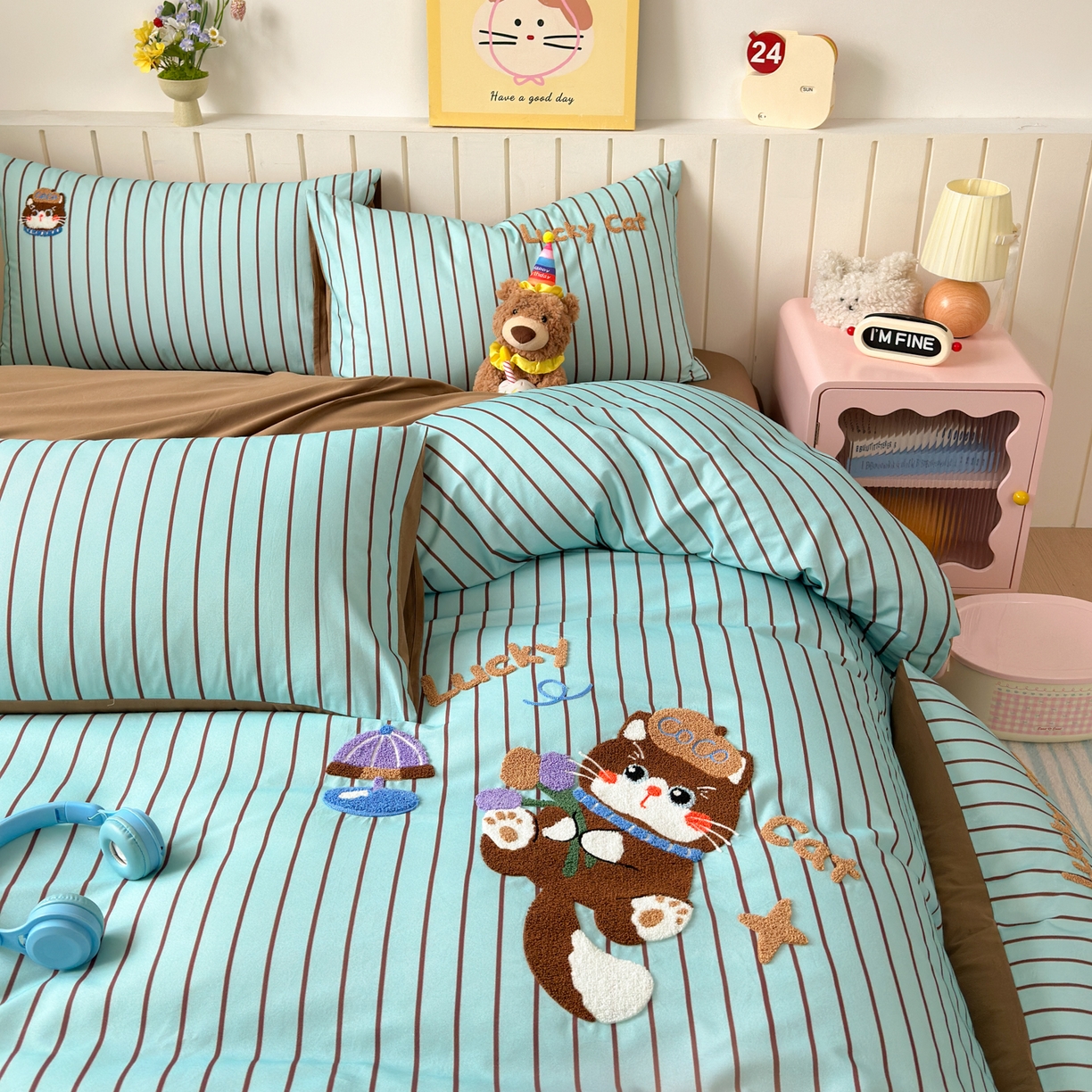 91家纺网 家纺一手货源 找家纺 如意朵 2026新款超柔高密全棉小清新绣花四件套（专版花型） 幸运喵喵