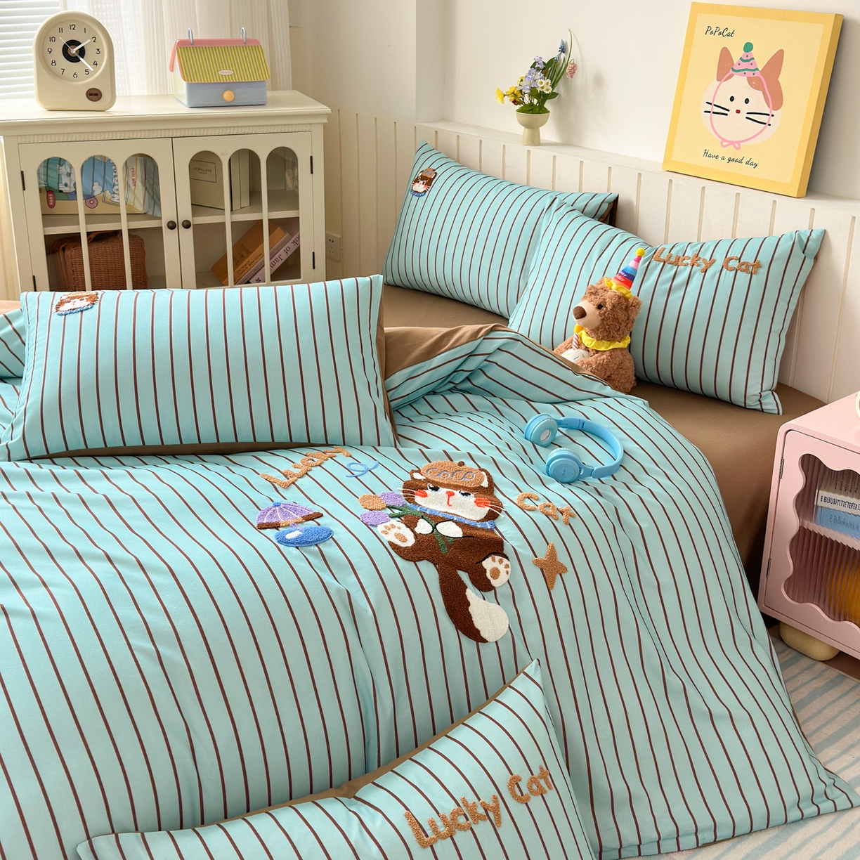 91家纺网 家纺一手货源 找家纺 如意朵 2026新款超柔高密全棉小清新绣花四件套（专版花型） 幸运喵喵