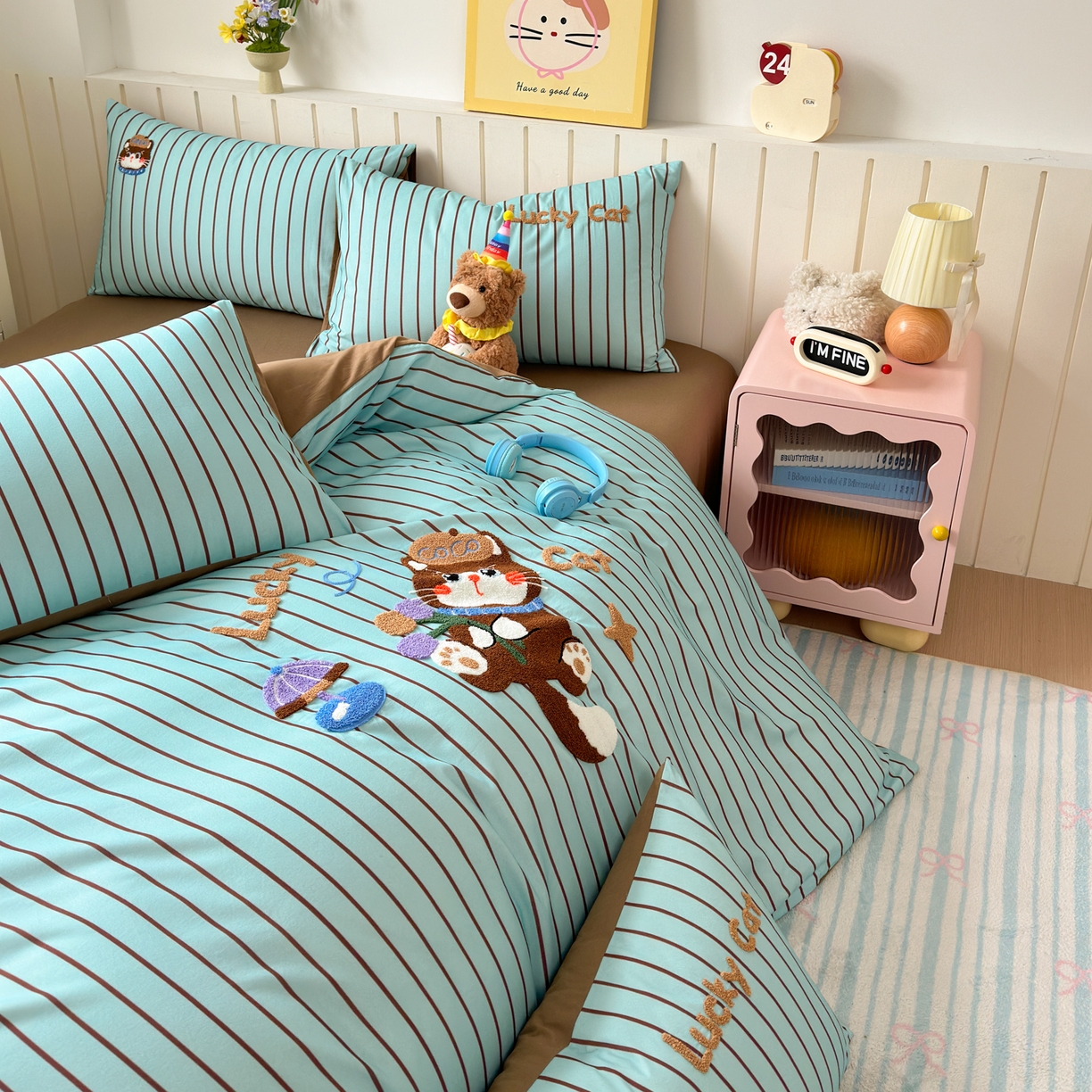 91家纺网 家纺一手货源 找家纺 如意朵 2026新款超柔高密全棉小清新绣花四件套（专版花型） 幸运喵喵