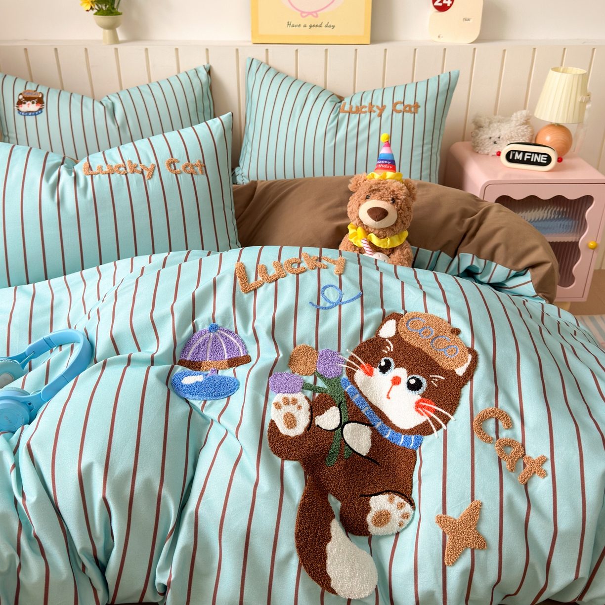 91家纺网 家纺一手货源 找家纺 如意朵 2026新款超柔高密全棉小清新绣花四件套（专版花型） 幸运喵喵