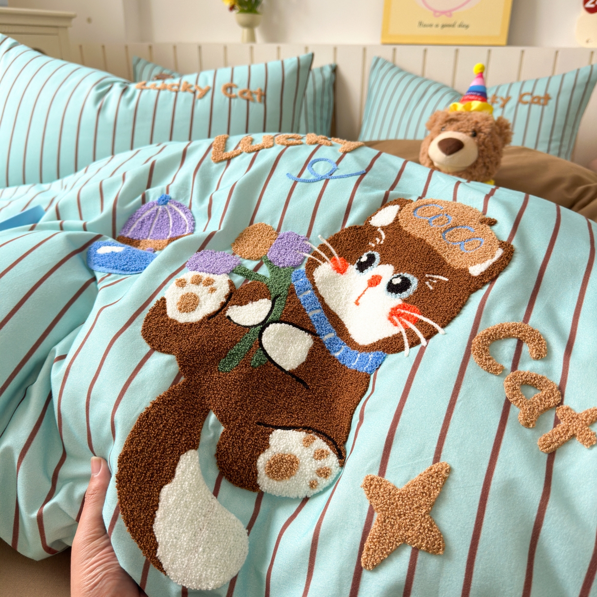 91家纺网 家纺一手货源 找家纺 如意朵 2026新款超柔高密全棉小清新绣花四件套（专版花型） 幸运喵喵