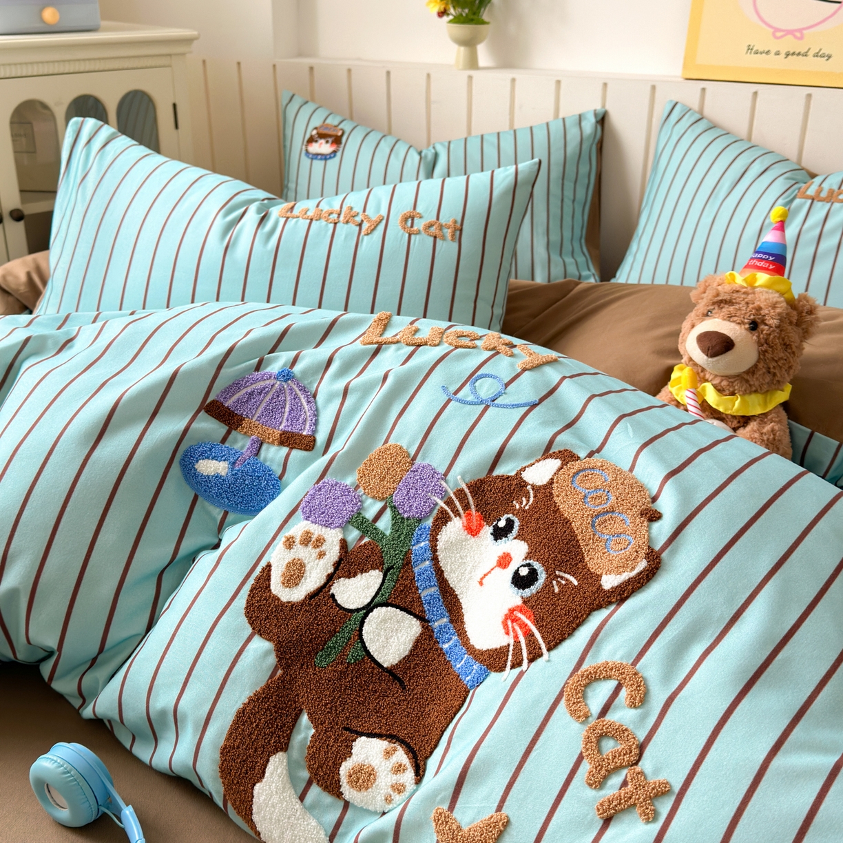 91家纺网 家纺一手货源 找家纺 如意朵 2026新款超柔高密全棉小清新绣花四件套（专版花型） 幸运喵喵