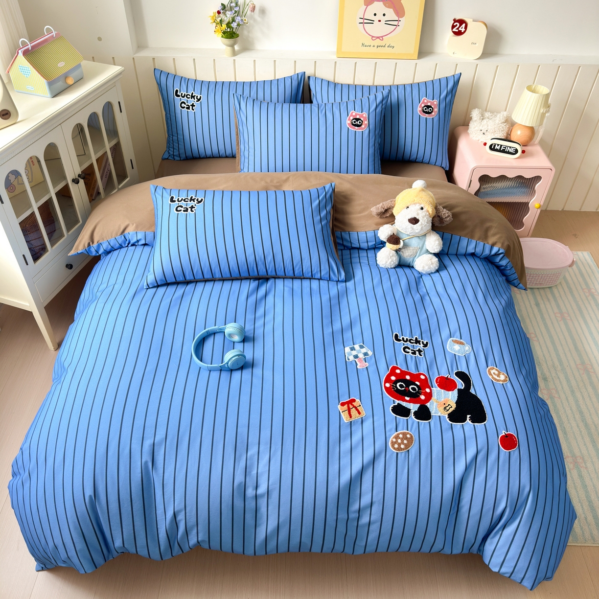 如意朵 2026新款超柔高密全棉小清新绣花四件套（专版花型） 招财萌喵