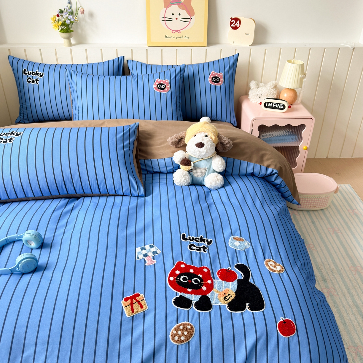 91家纺网 家纺一手货源 找家纺 如意朵 2026新款超柔高密全棉小清新绣花四件套（专版花型） 招财萌喵