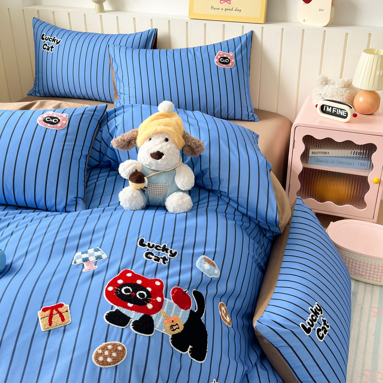 91家纺网 家纺一手货源 找家纺 如意朵 2026新款超柔高密全棉小清新绣花四件套（专版花型） 招财萌喵