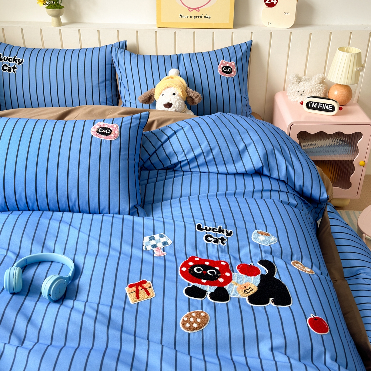 91家纺网 家纺一手货源 找家纺 如意朵 2026新款超柔高密全棉小清新绣花四件套（专版花型） 招财萌喵