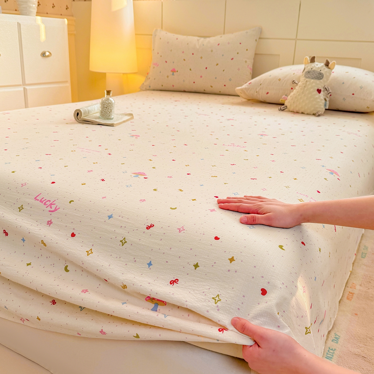 91家纺网 家纺一手货源 找家纺 眠势力 2026新款双层纱床单单件云感皱皱纱床罩三件套 星梦甜心