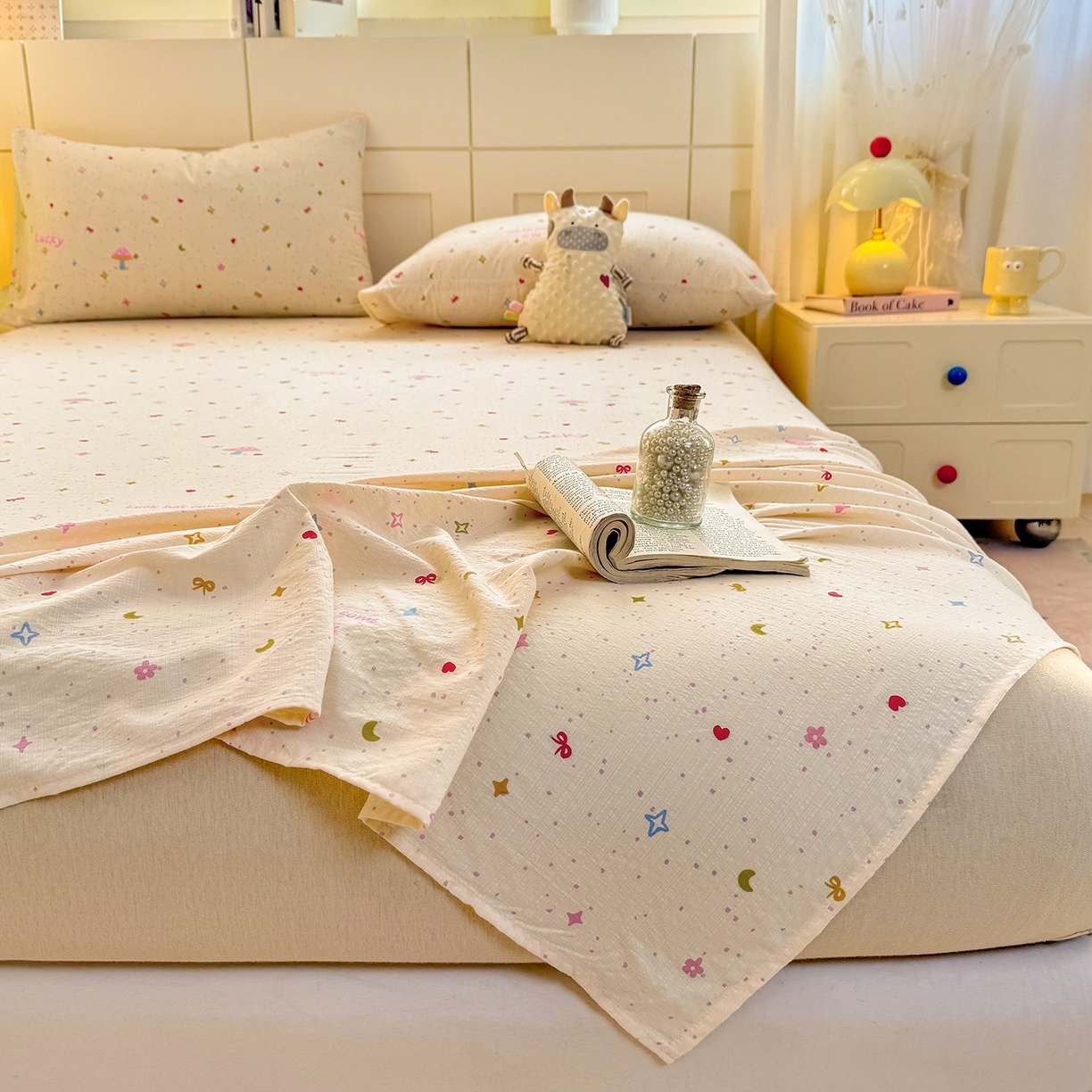 91家纺网 家纺一手货源 找家纺 眠势力 2026新款双层纱床单单件云感皱皱纱床罩三件套 星梦甜心