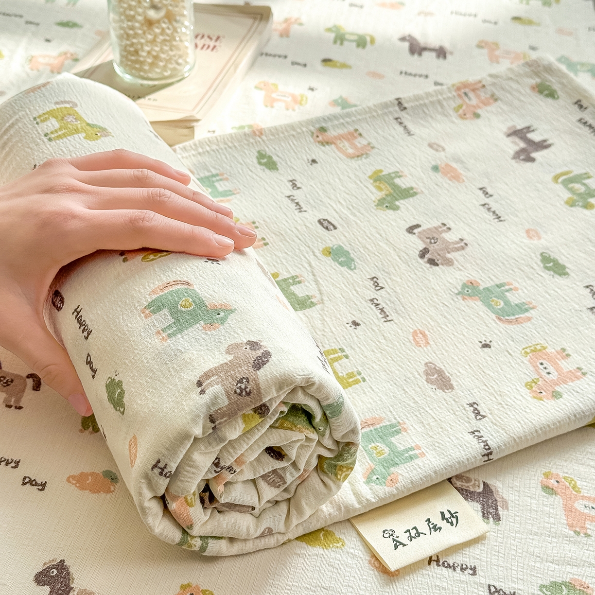 91家纺网 家纺一手货源 找家纺 眠势力 2026新款双层纱床单单件云感皱皱纱床罩三件套 幸运小马