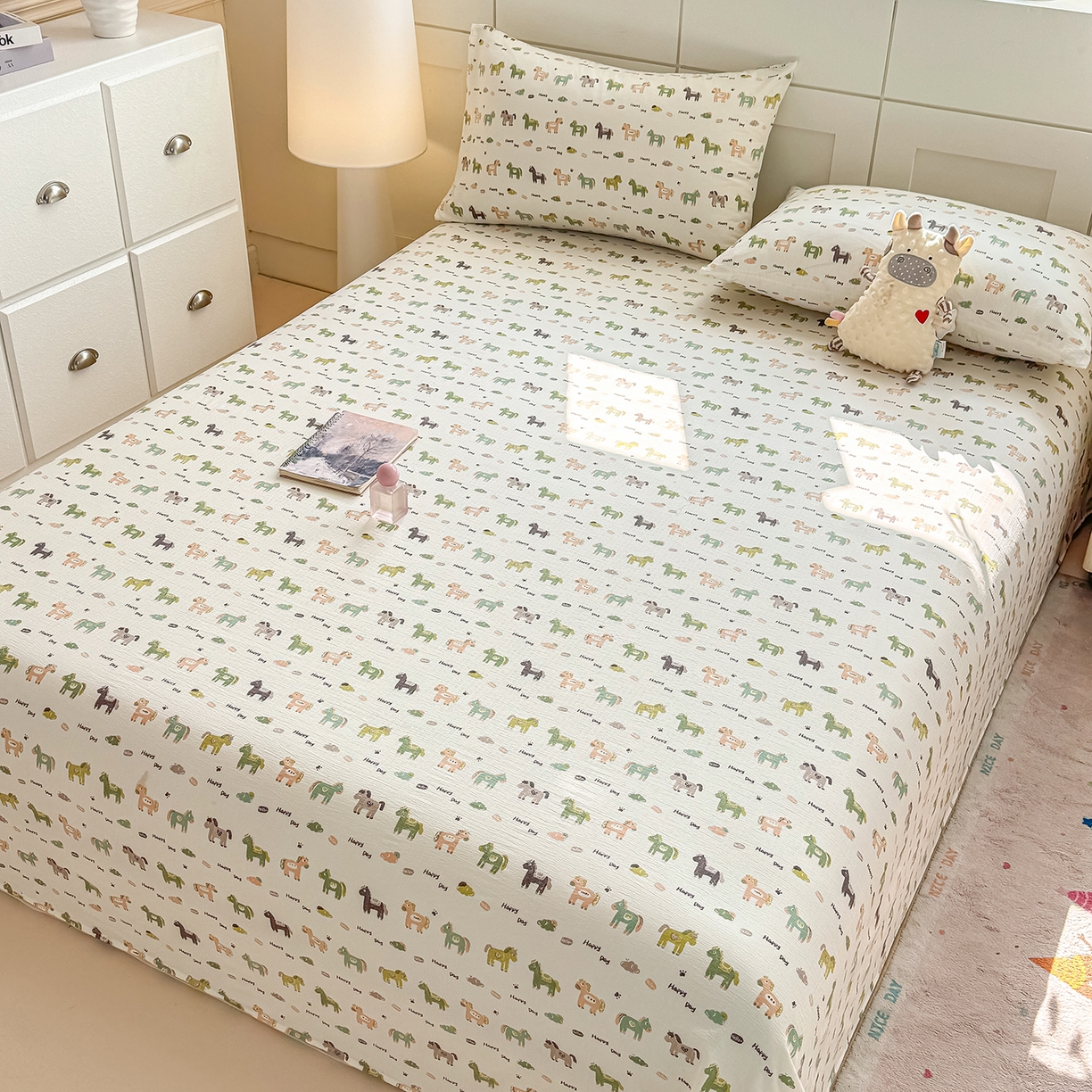 91家纺网 家纺一手货源 找家纺 眠势力 2026新款双层纱床单单件云感皱皱纱床罩三件套 幸运小马