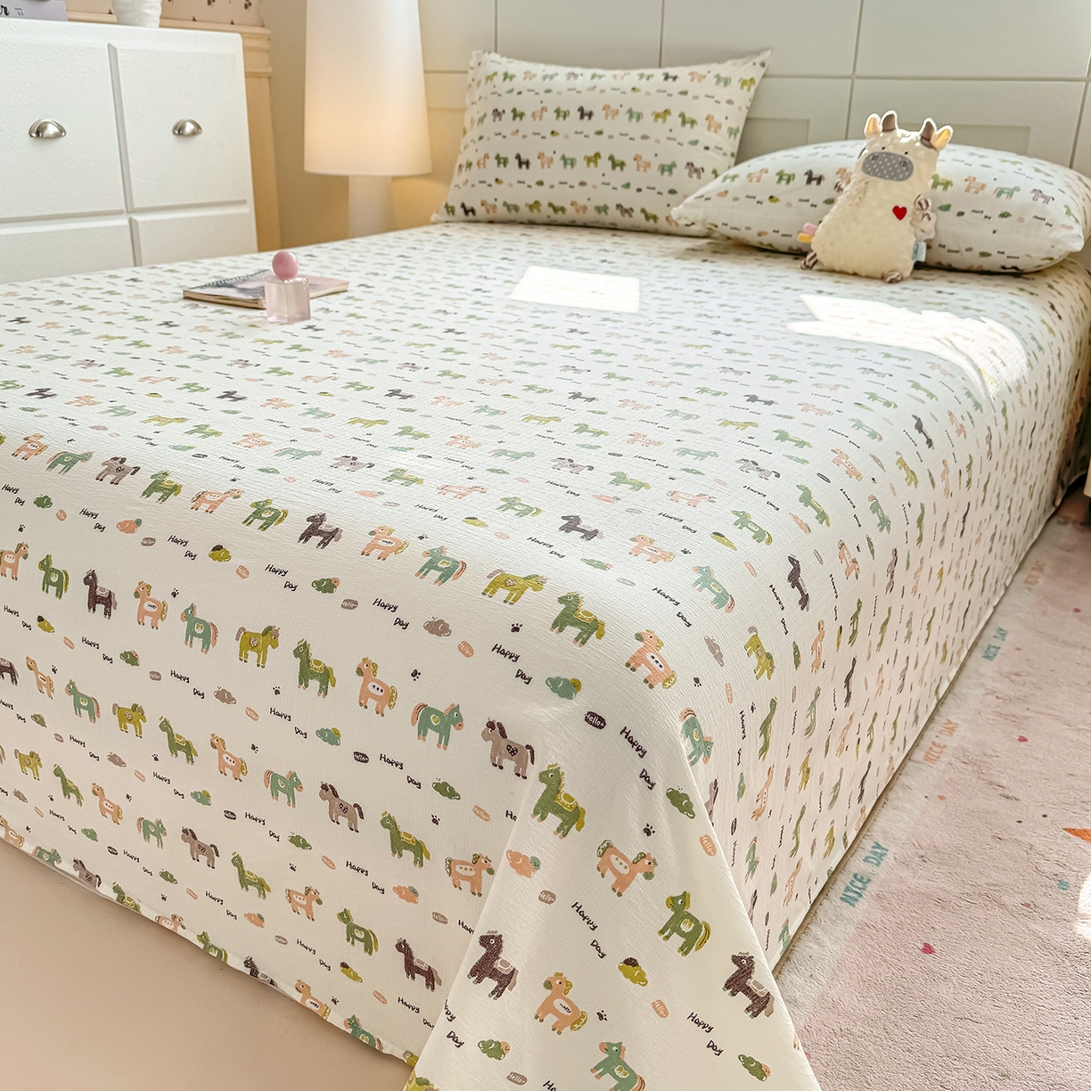 91家纺网 家纺一手货源 找家纺 眠势力 2026新款双层纱床单单件云感皱皱纱床罩三件套 幸运小马