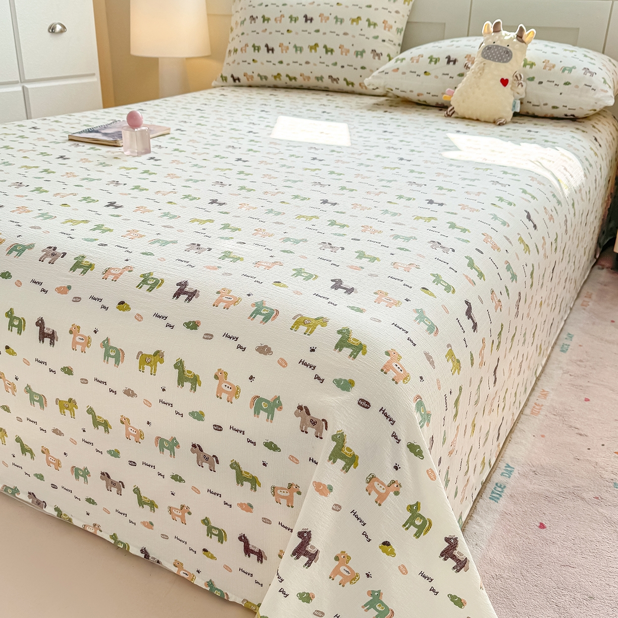 91家纺网 家纺一手货源 找家纺 眠势力 2026新款双层纱床单单件云感皱皱纱床罩三件套 幸运小马