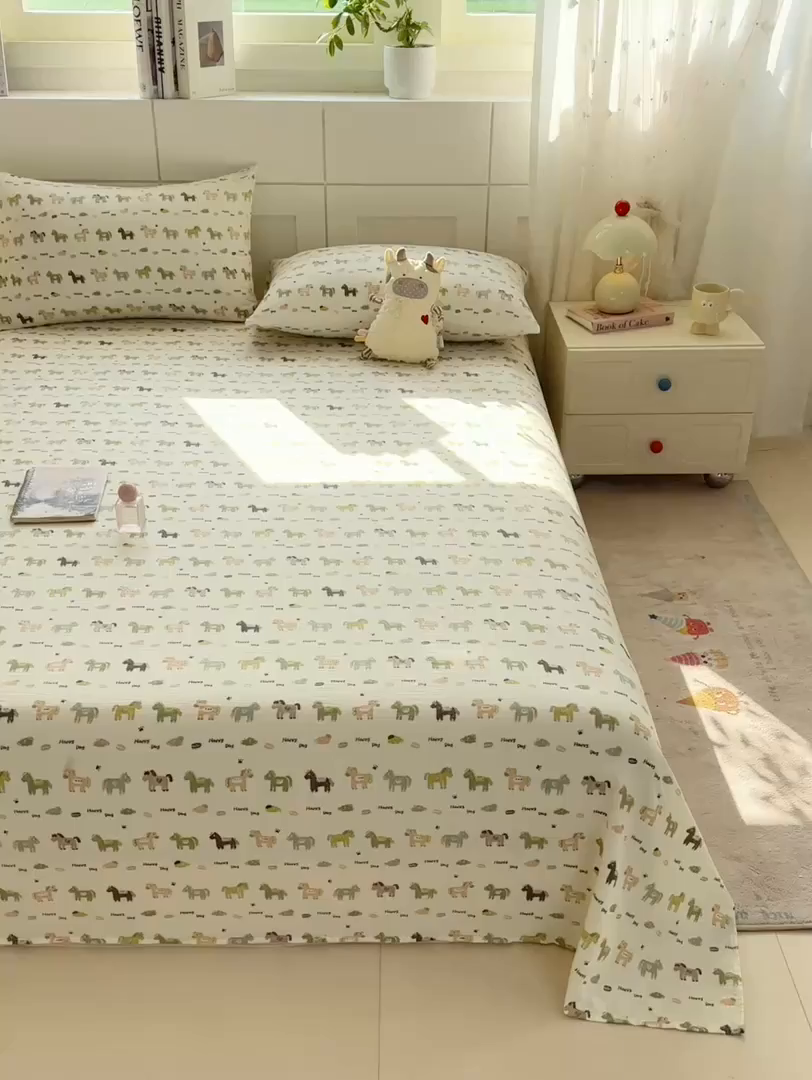 91家纺网 家纺一手货源 找家纺 眠势力 2026新款双层纱床单单件云感皱皱纱床罩三件套 幸运小马