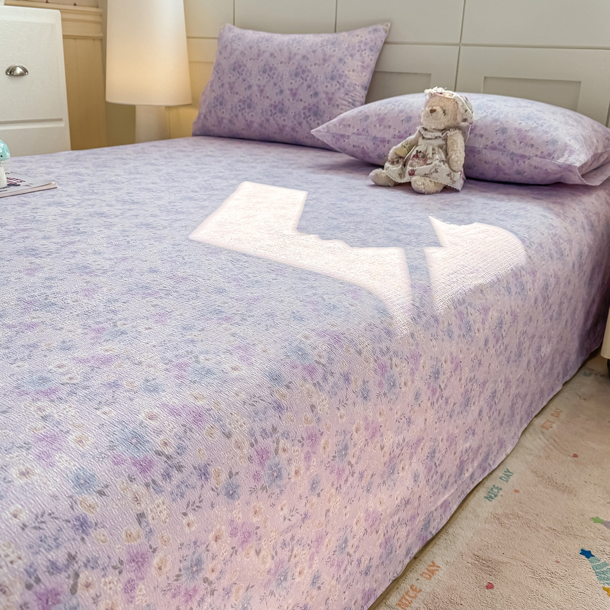 91家纺网 家纺一手货源 找家纺 眠势力 2026新款双层纱床单单件云感皱皱纱床罩三件套 紫雾花汀