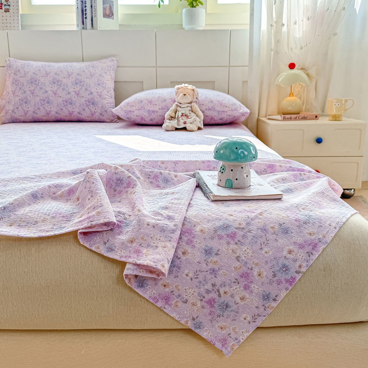 91家纺网 家纺一手货源 找家纺 眠势力 2026新款双层纱床单单件云感皱皱纱床罩三件套 紫雾花汀