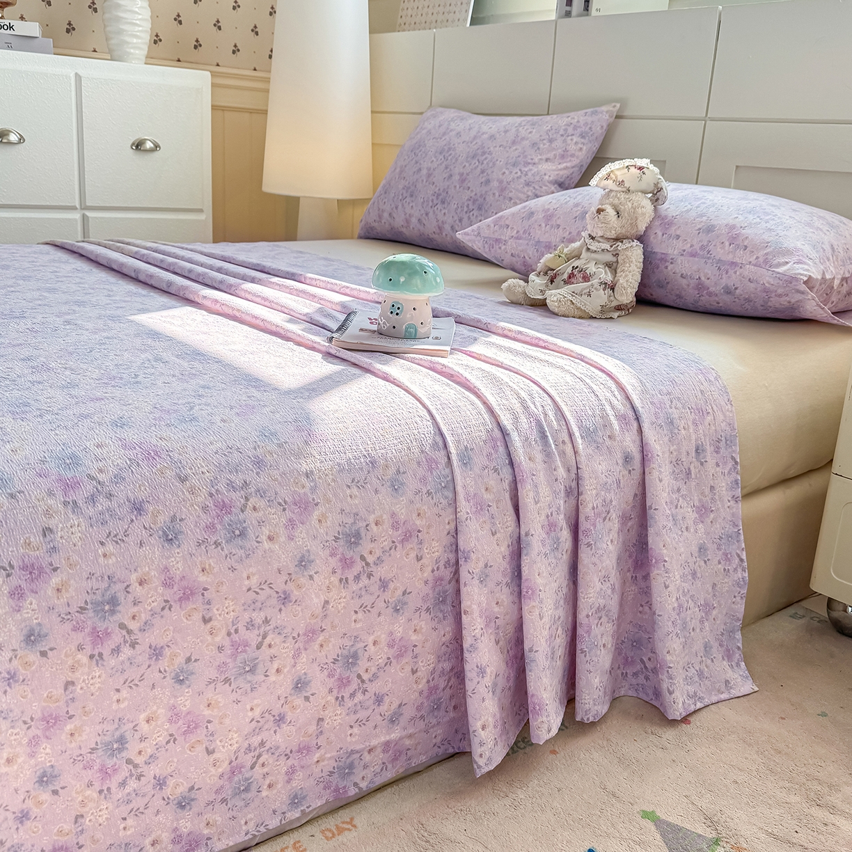 91家纺网 家纺一手货源 找家纺 眠势力 2026新款双层纱床单单件云感皱皱纱床罩三件套 紫雾花汀