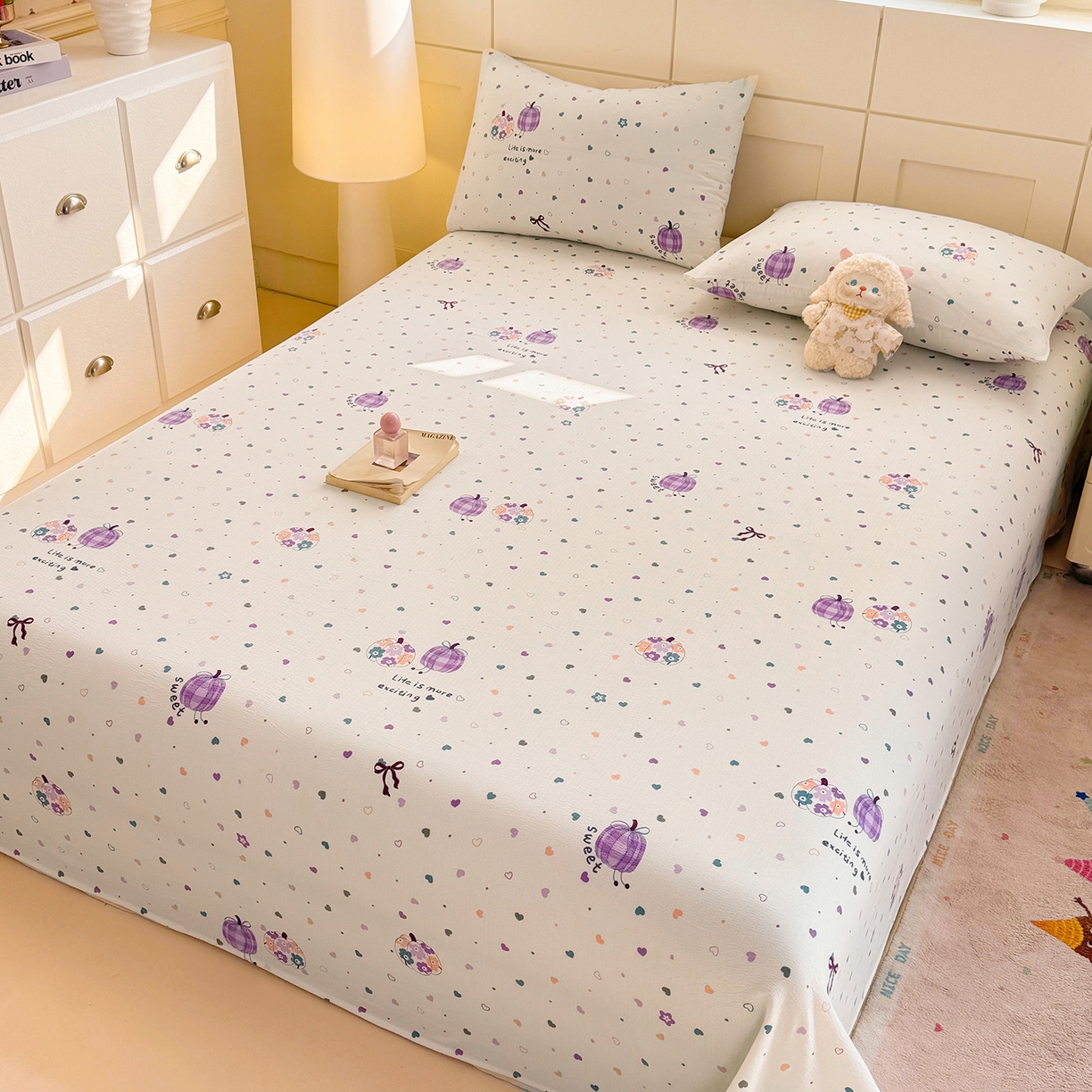 91家纺网 家纺一手货源 找家纺 眠势力 2026新款双层纱床单单件云感皱皱纱床罩三件套 紫芋南瓜