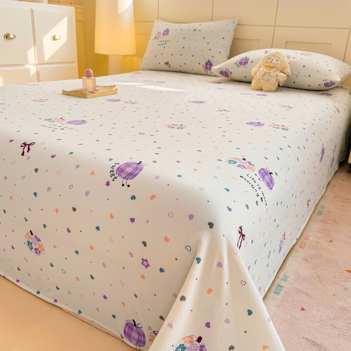 91家纺网 家纺一手货源 找家纺 眠势力 2026新款双层纱床单单件云感皱皱纱床罩三件套 紫芋南瓜