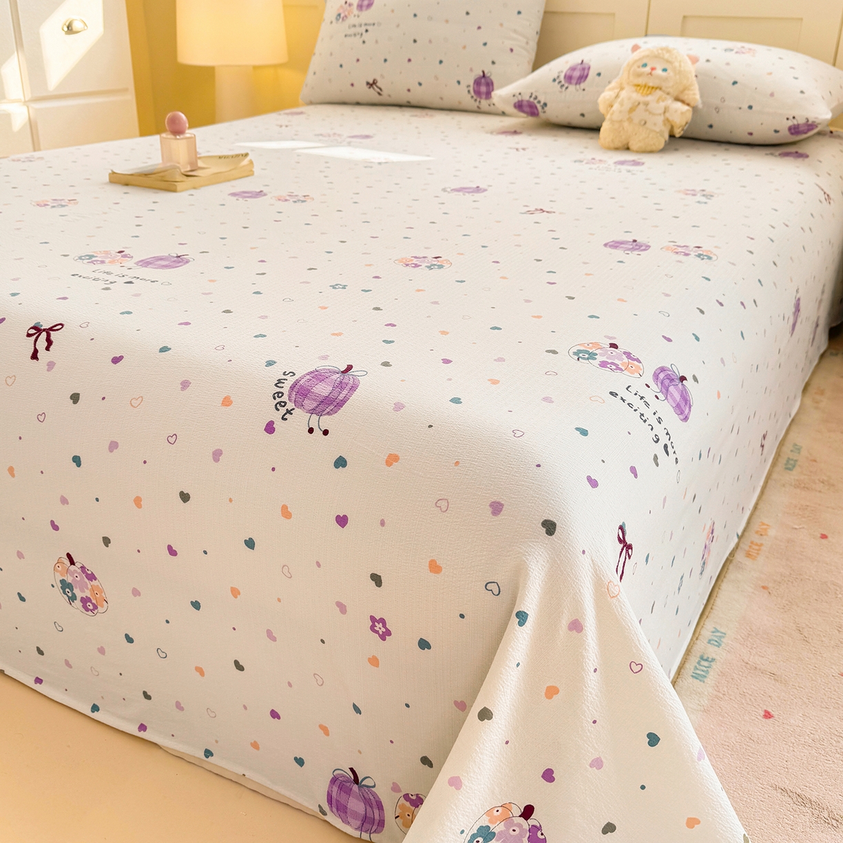 91家纺网 家纺一手货源 找家纺 眠势力 2026新款双层纱床单单件云感皱皱纱床罩三件套 紫芋南瓜