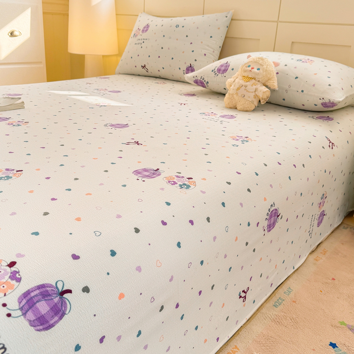 91家纺网 家纺一手货源 找家纺 眠势力 2026新款双层纱床单单件云感皱皱纱床罩三件套 紫芋南瓜