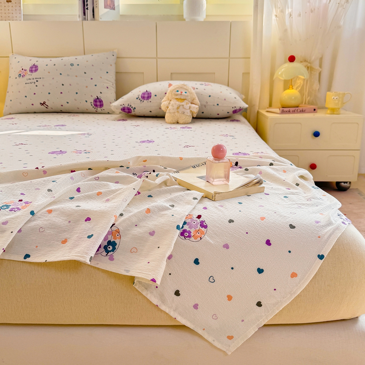 91家纺网 家纺一手货源 找家纺 眠势力 2026新款双层纱床单单件云感皱皱纱床罩三件套 紫芋南瓜