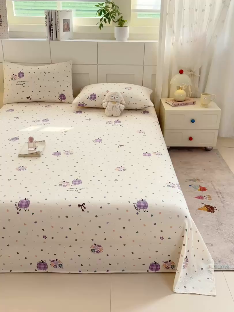 91家纺网 家纺一手货源 找家纺 眠势力 2026新款双层纱床单单件云感皱皱纱床罩三件套 紫芋南瓜