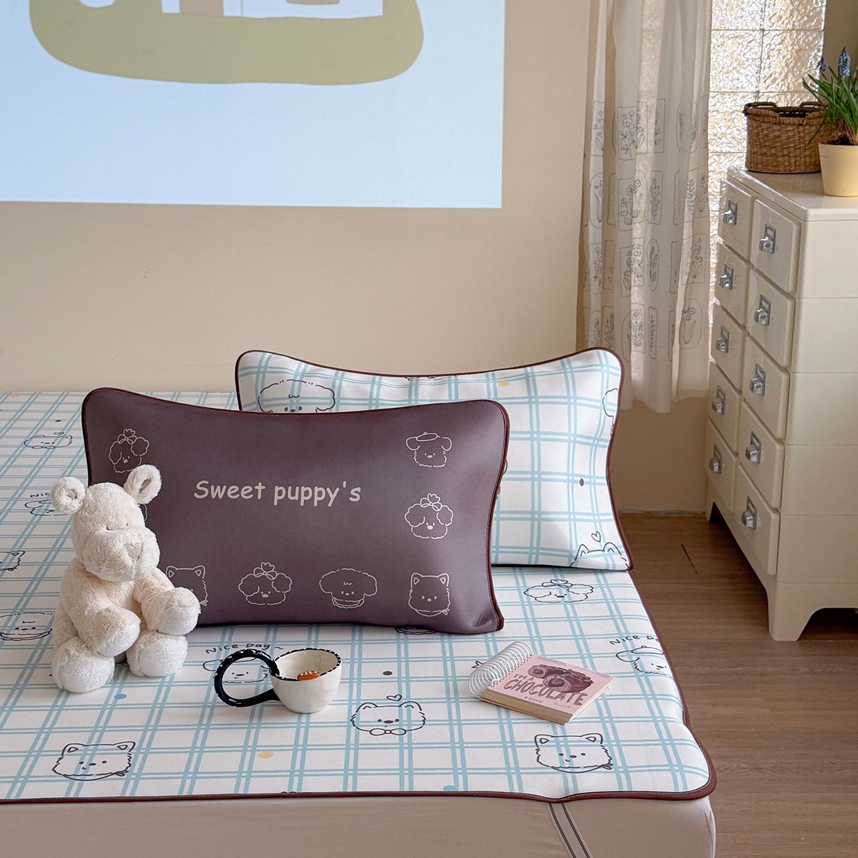 91家纺网 家纺一手货源 找家纺 美乐迪家纺 2026新款水光冰丝凉席夏被 格子狗狗