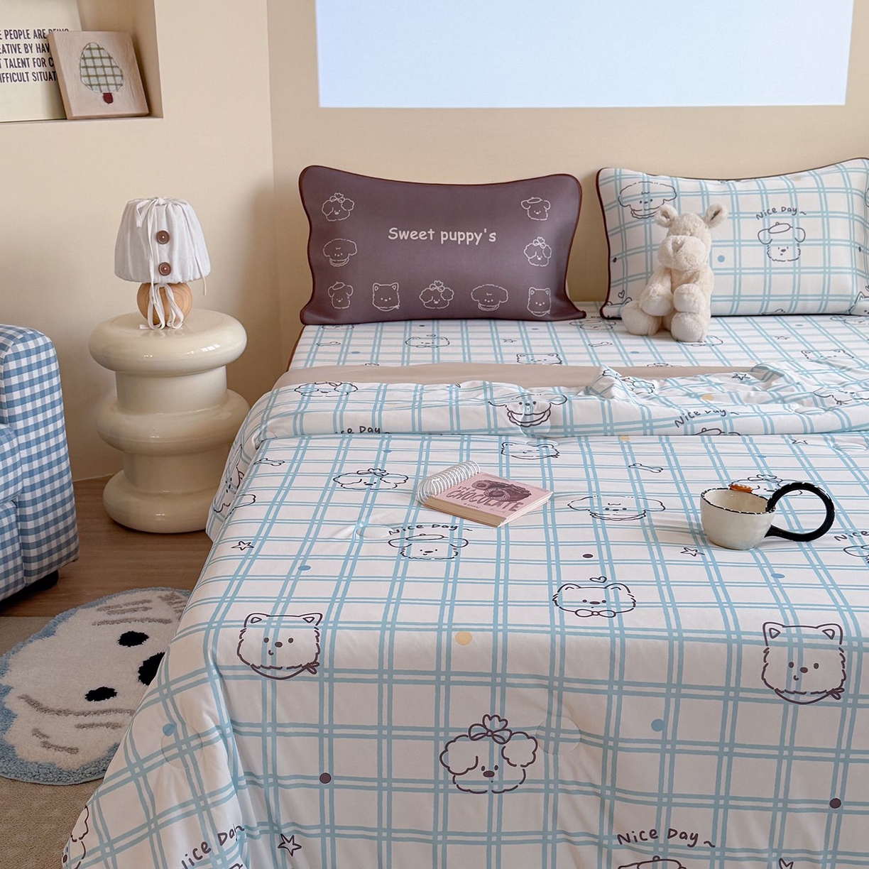 91家纺网 家纺一手货源 找家纺 美乐迪家纺 2026新款水光冰丝凉席夏被 格子狗狗