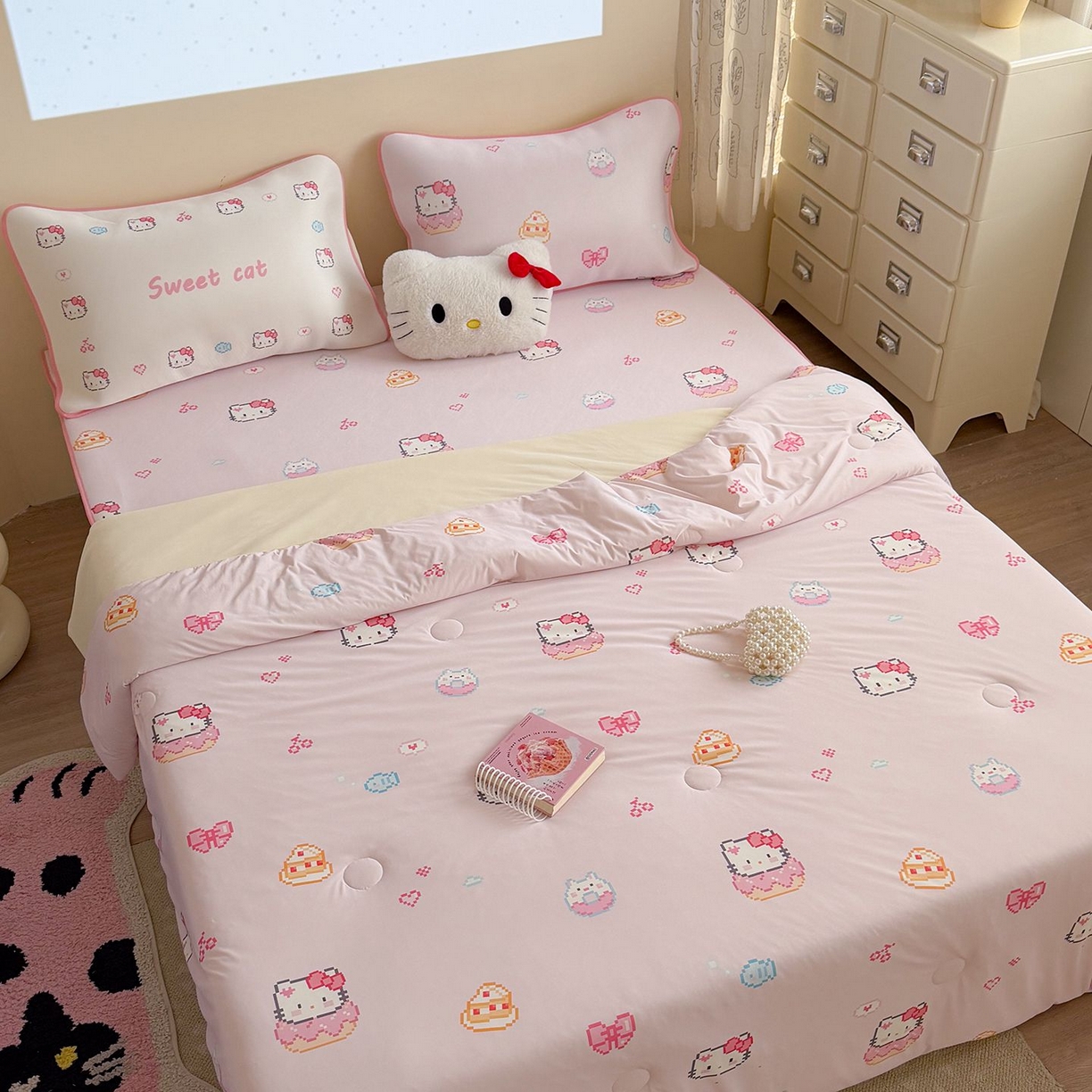 91家纺网 家纺一手货源 找家纺 美乐迪家纺 2026新款水光冰丝凉席夏被 猫咪甜甜圈