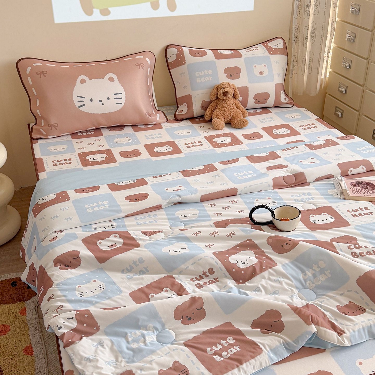 91家纺网 家纺一手货源 找家纺 美乐迪家纺 2026新款水光冰丝凉席夏被 动物棋盘格