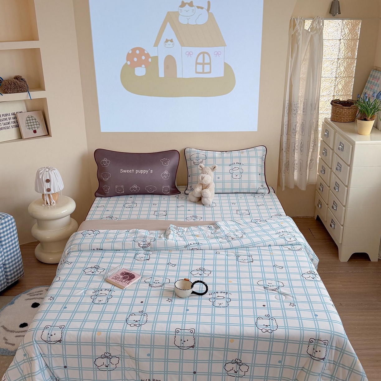 91家纺网 家纺一手货源 找家纺 美乐迪家纺 2026新款水光冰丝凉席夏被 格子狗狗