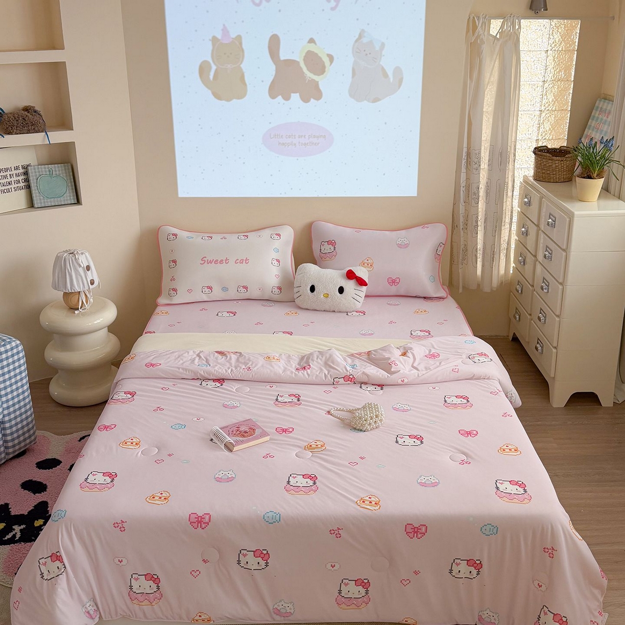 91家纺网 家纺一手货源 找家纺 美乐迪家纺 2026新款水光冰丝凉席夏被 猫咪甜甜圈