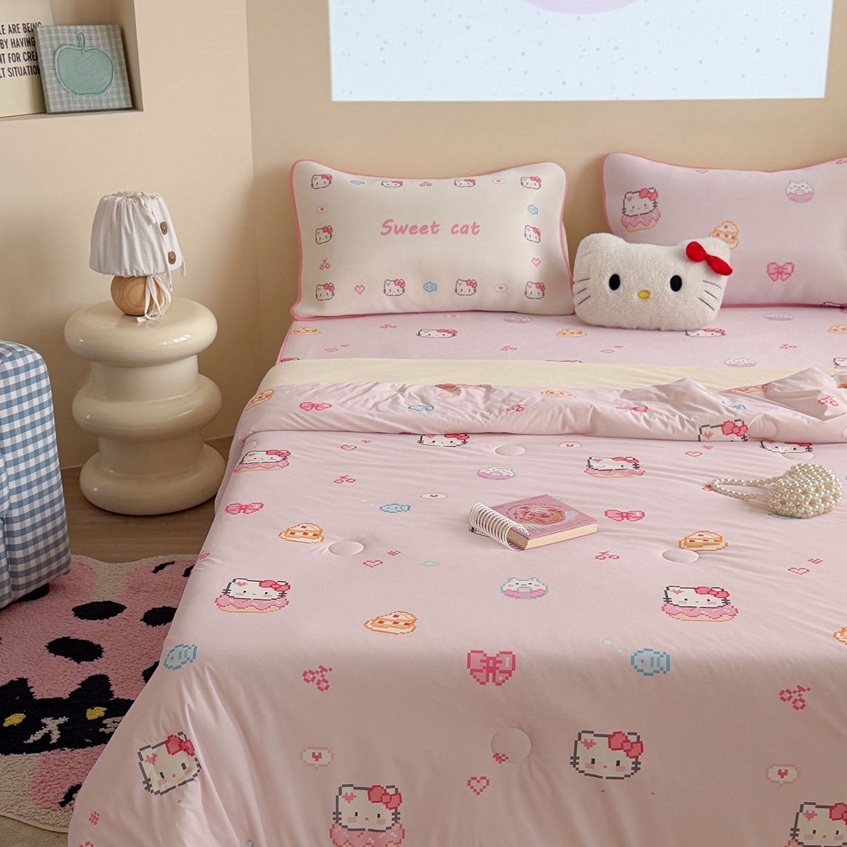 91家纺网 家纺一手货源 找家纺 美乐迪家纺 2026新款水光冰丝凉席夏被 猫咪甜甜圈