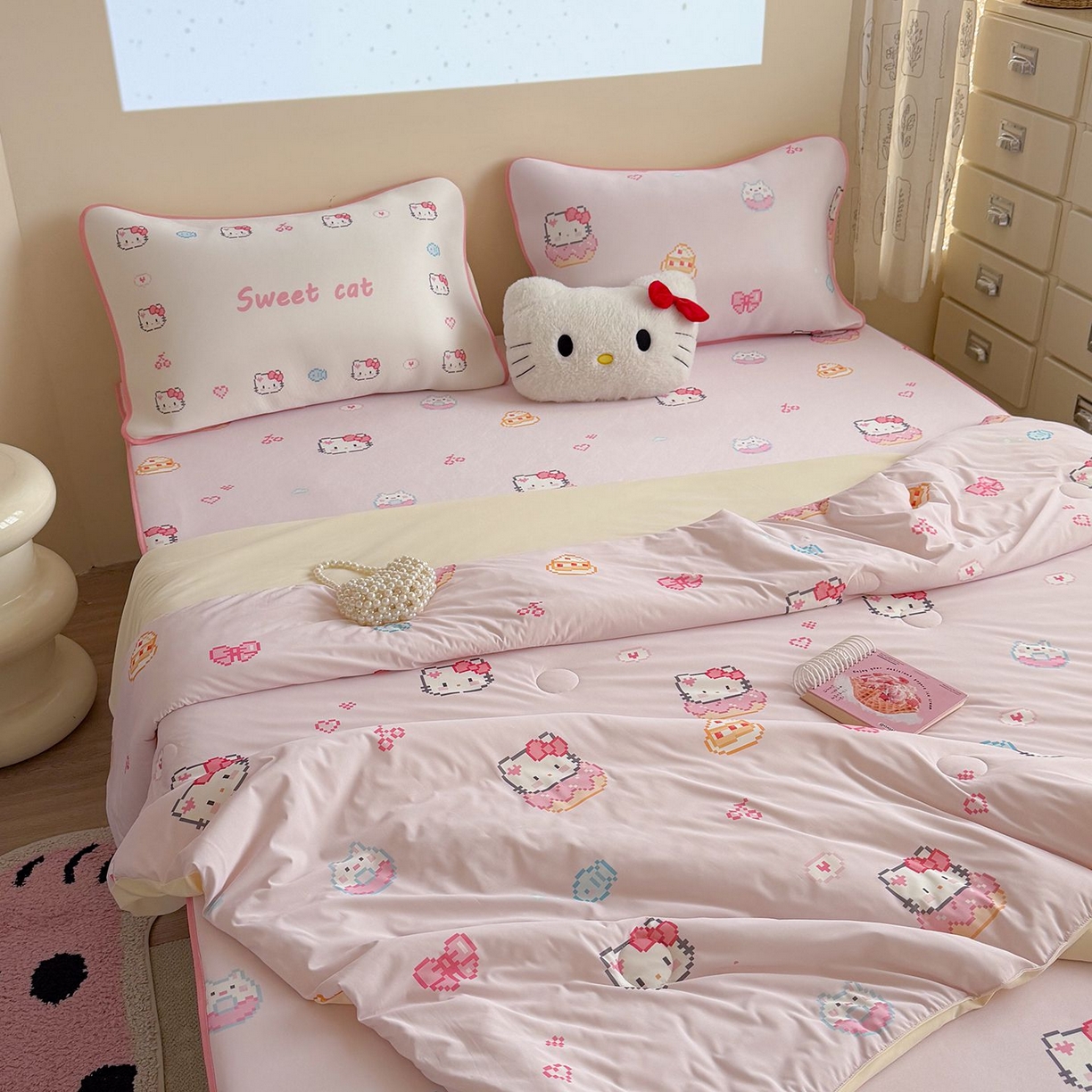 91家纺网 家纺一手货源 找家纺 美乐迪家纺 2026新款水光冰丝凉席夏被 猫咪甜甜圈