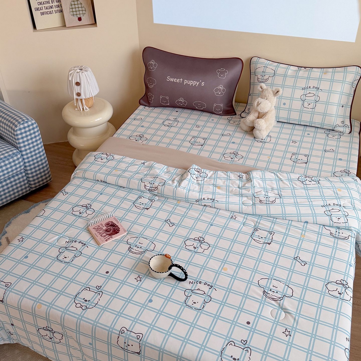 91家纺网 家纺一手货源 找家纺 美乐迪家纺 2026新款水光冰丝凉席夏被 格子狗狗