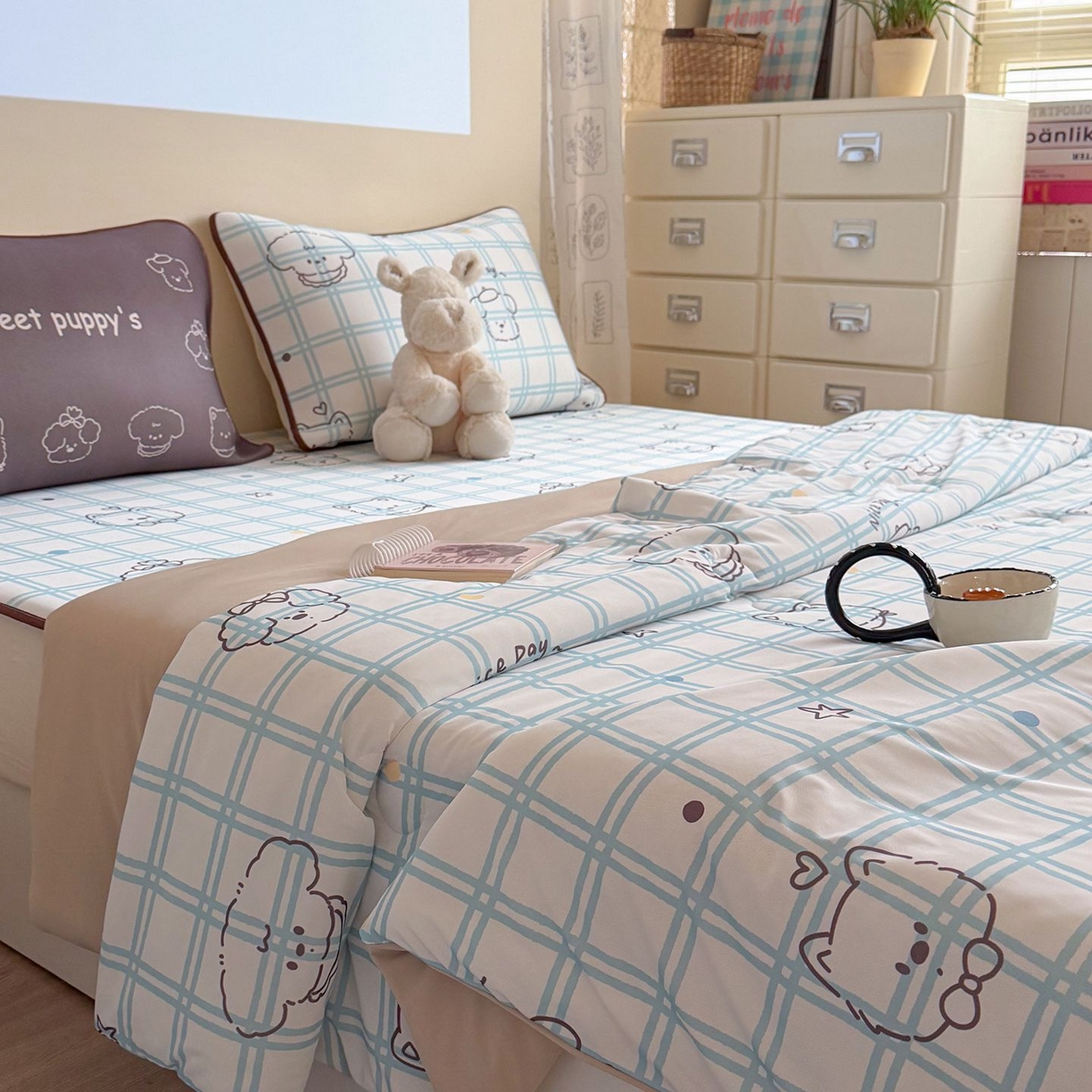 美乐迪家纺 2026新款水光冰丝凉席夏被 格子狗狗