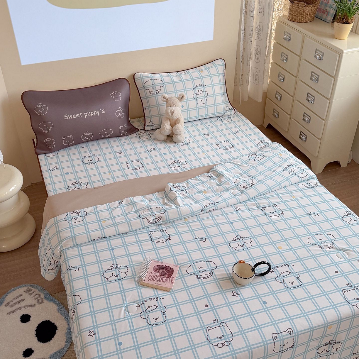 91家纺网 家纺一手货源 找家纺 美乐迪家纺 2026新款水光冰丝凉席夏被 格子狗狗