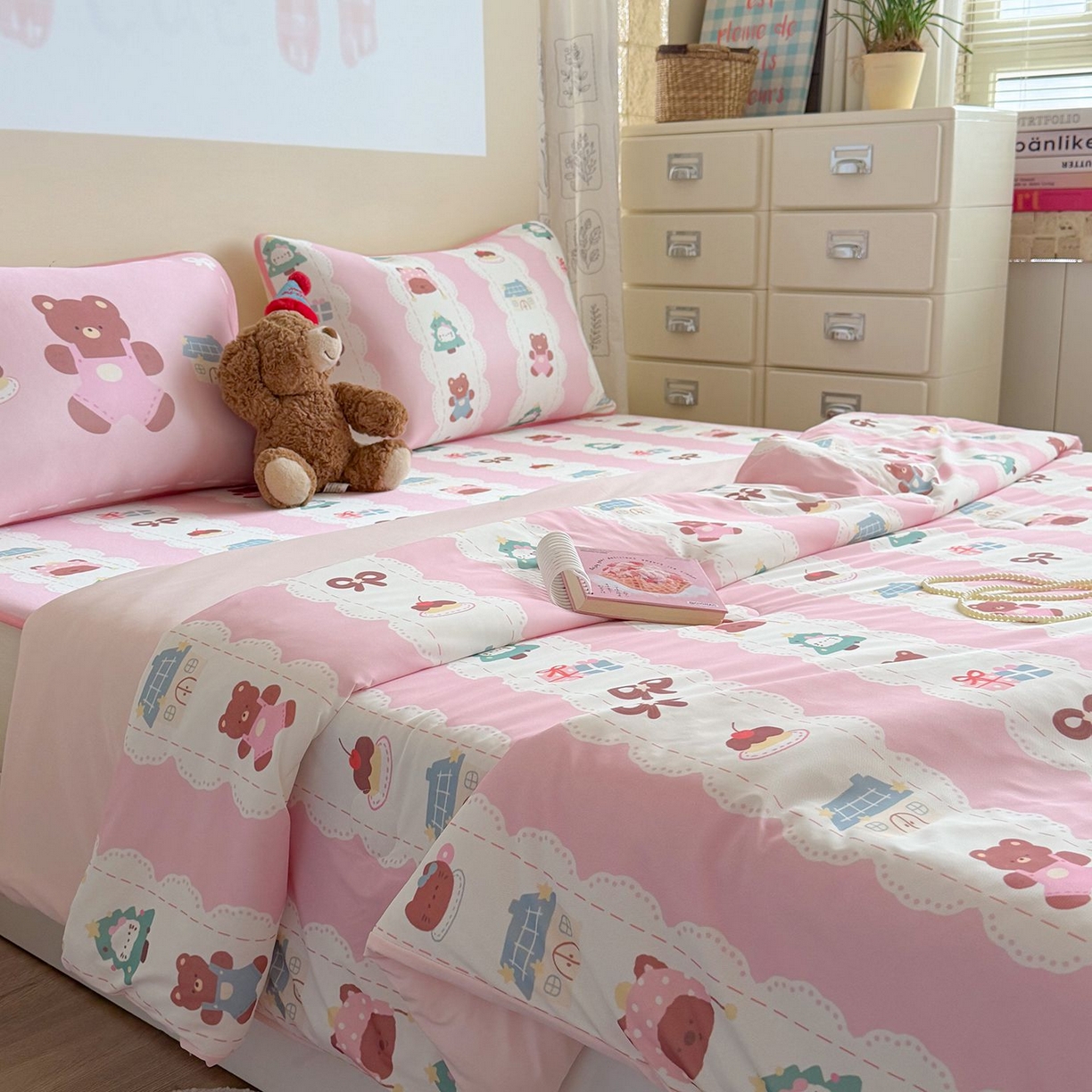 美乐迪家纺 2026新款水光冰丝凉席夏被 粉条小熊