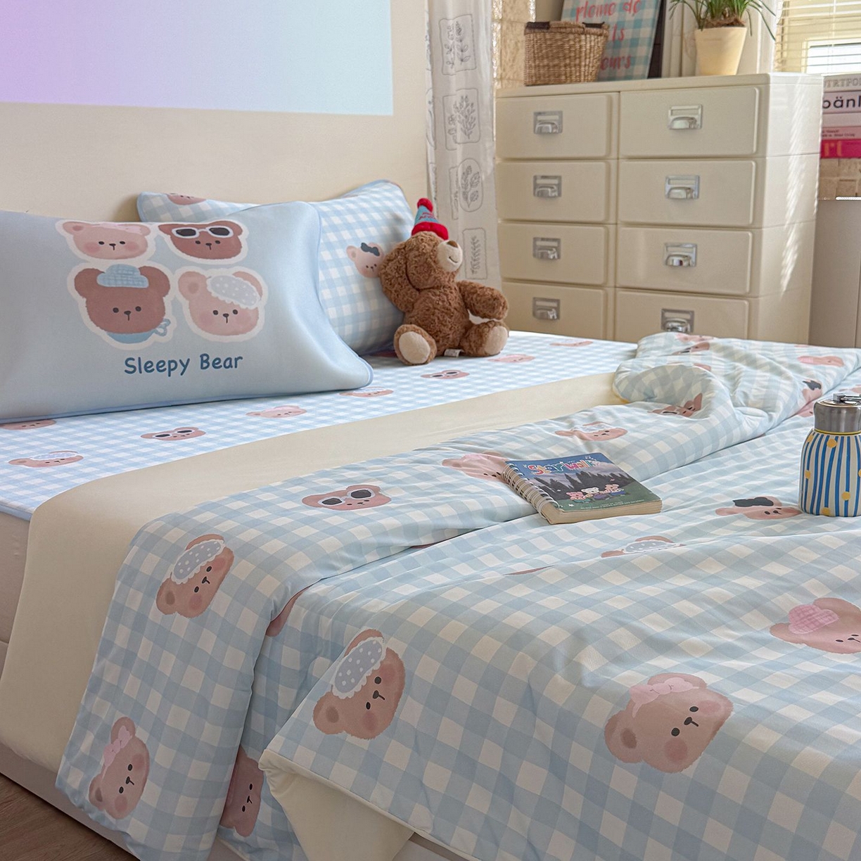 美乐迪家纺 2026新款水光冰丝凉席夏被 蓝格小熊