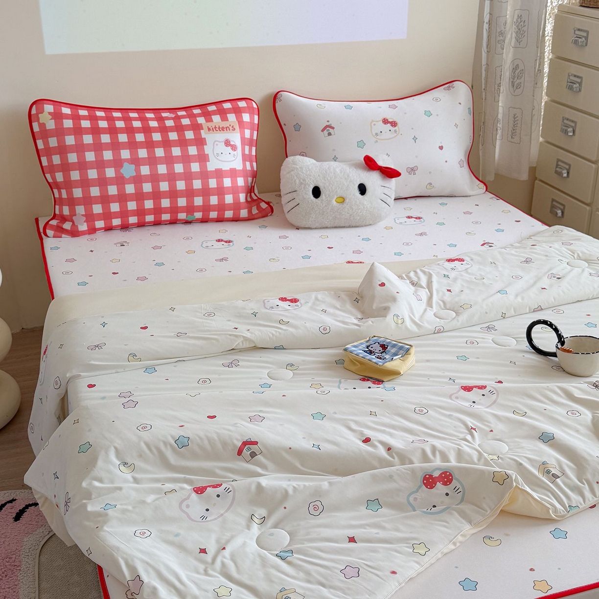 91家纺网 家纺一手货源 找家纺 美乐迪家纺 2026新款水光冰丝凉席夏被 星星猫咪