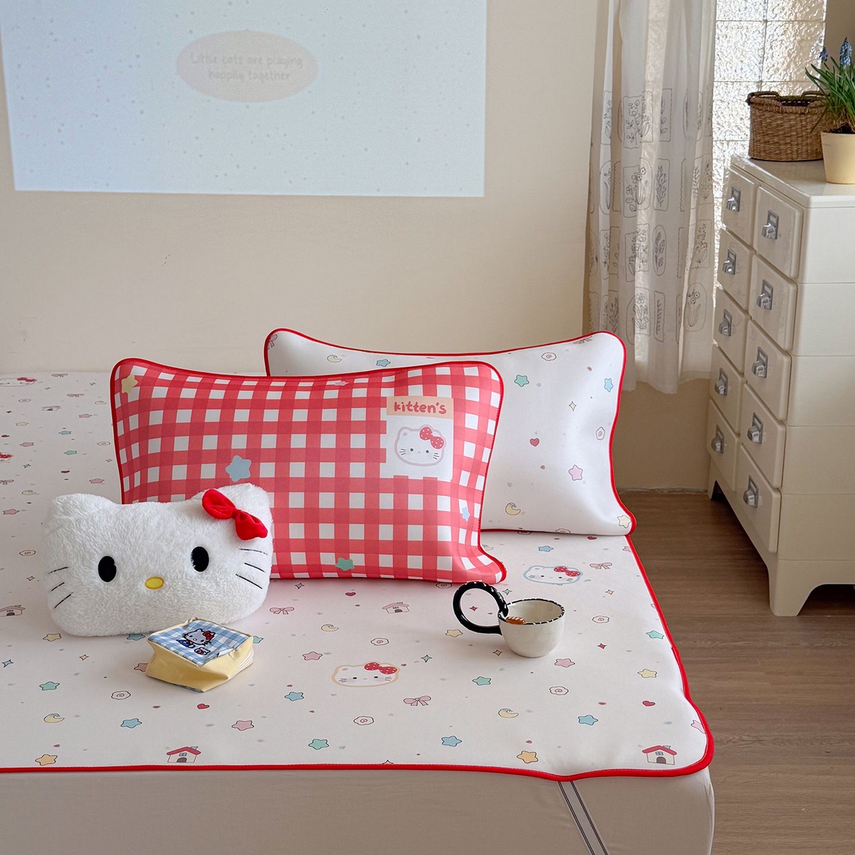 91家纺网 家纺一手货源 找家纺 美乐迪家纺 2026新款水光冰丝凉席夏被 星星猫咪