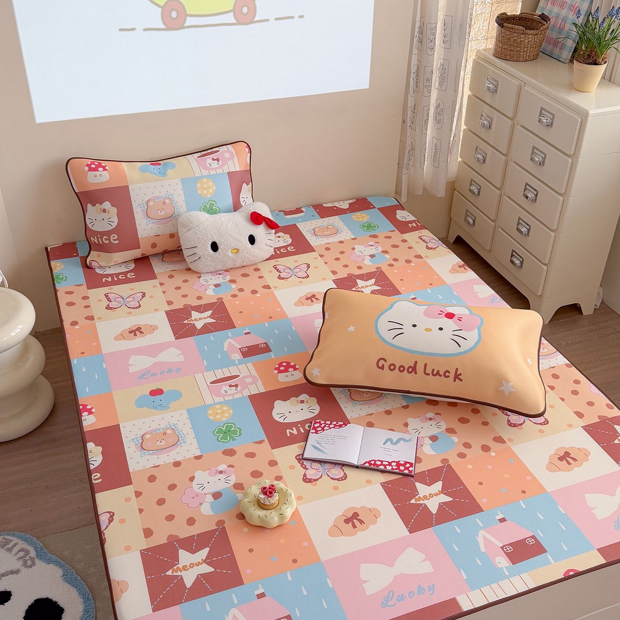 91家纺网 家纺一手货源 找家纺 美乐迪家纺 2026新款水光冰丝凉席夏被 拼接小猫