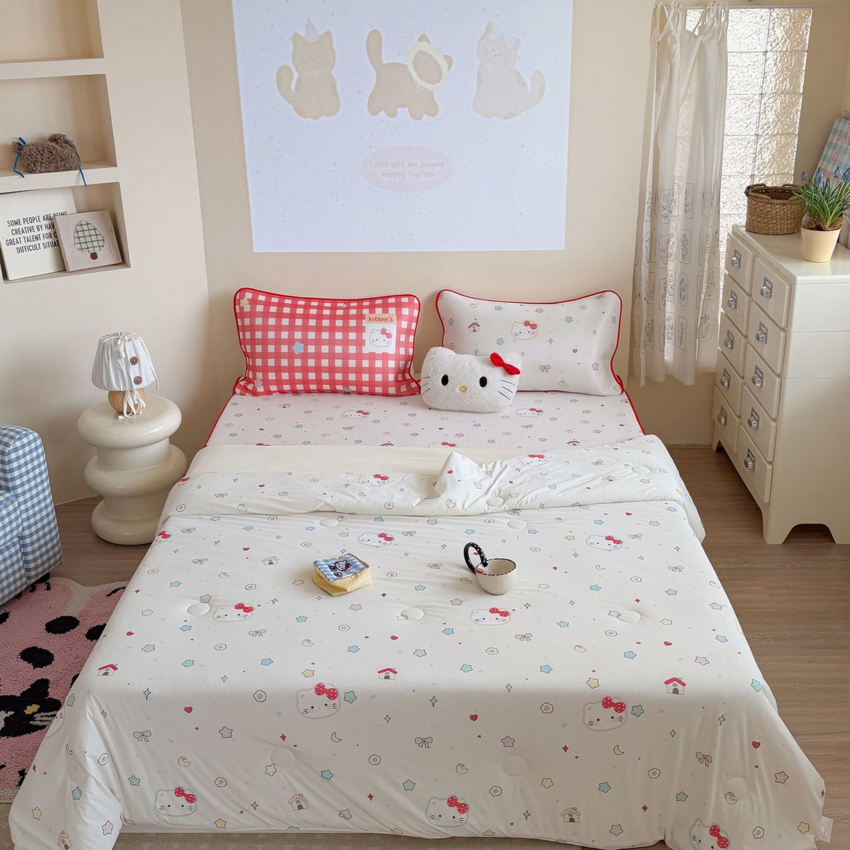 91家纺网 家纺一手货源 找家纺 美乐迪家纺 2026新款水光冰丝凉席夏被 星星猫咪