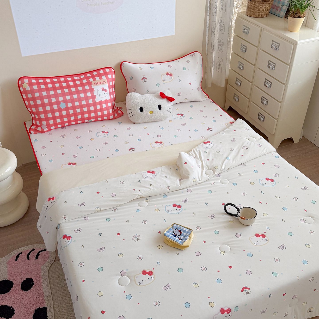 91家纺网 家纺一手货源 找家纺 美乐迪家纺 2026新款水光冰丝凉席夏被 星星猫咪