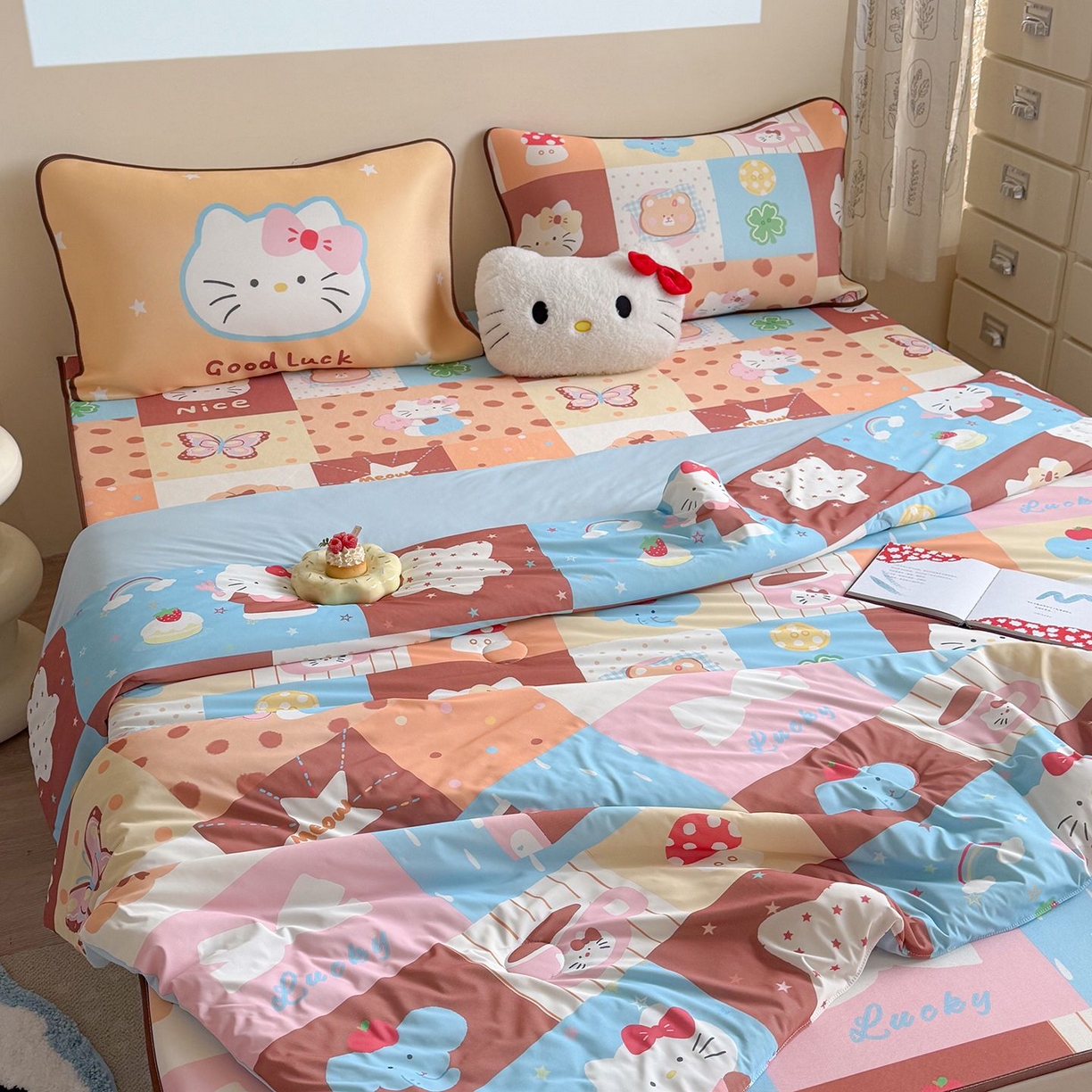 91家纺网 家纺一手货源 找家纺 美乐迪家纺 2026新款水光冰丝凉席夏被 拼接小猫